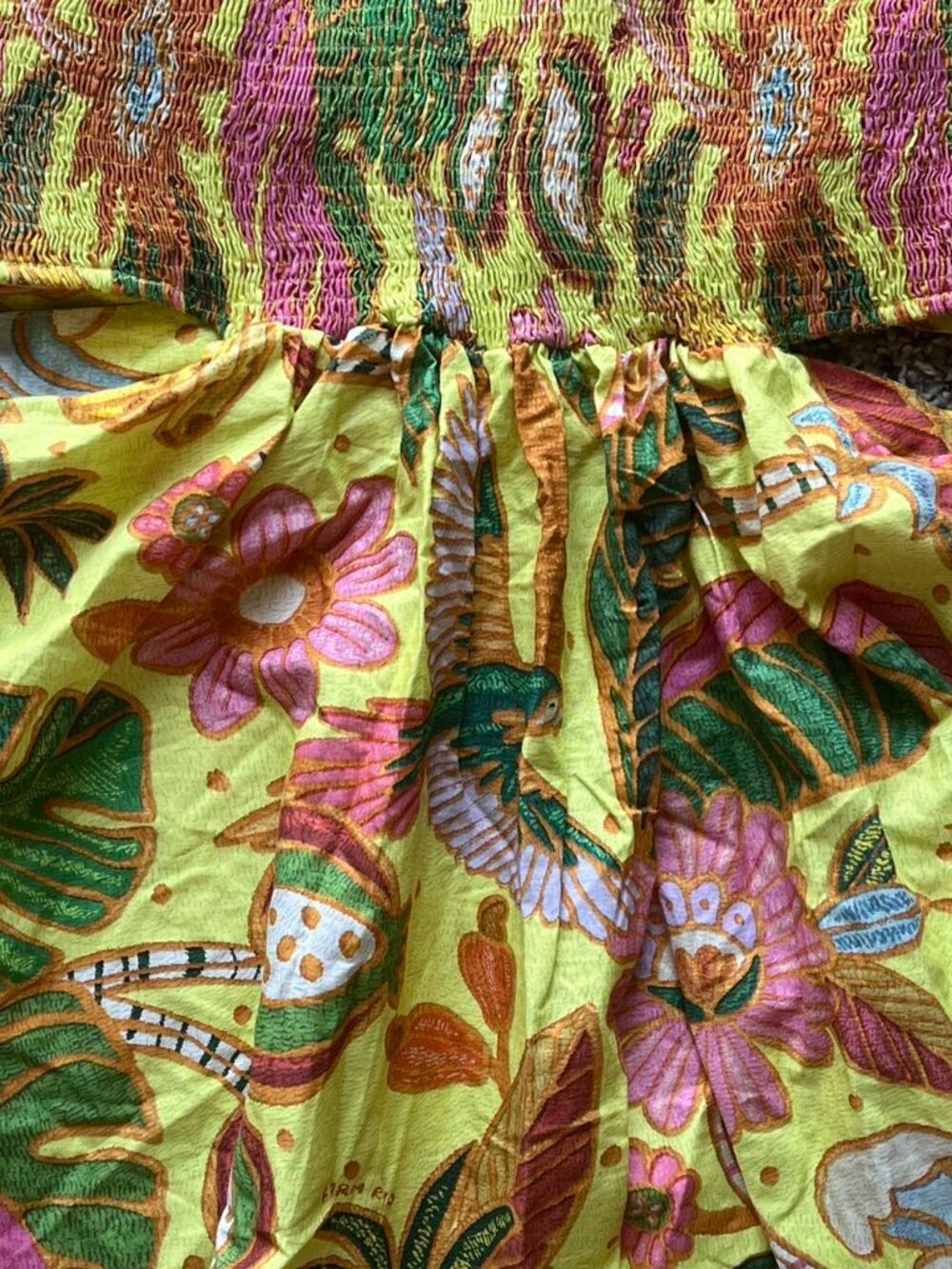 Farm Rio Mini Dress Small Yellow Summer Tropical Vacation Off the Shoulder Girly - Picture 5 of 7